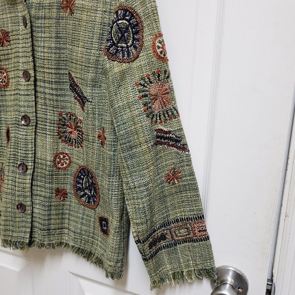 Chico's Green Multi Plaid Silk Blend Embroidered Beaded Fringe Tweed Blazer Sz S - Picture 6 of 14